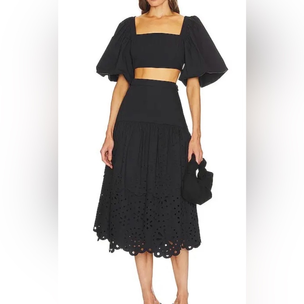 RHODE Black Eyelet Tiered Midi Skirt